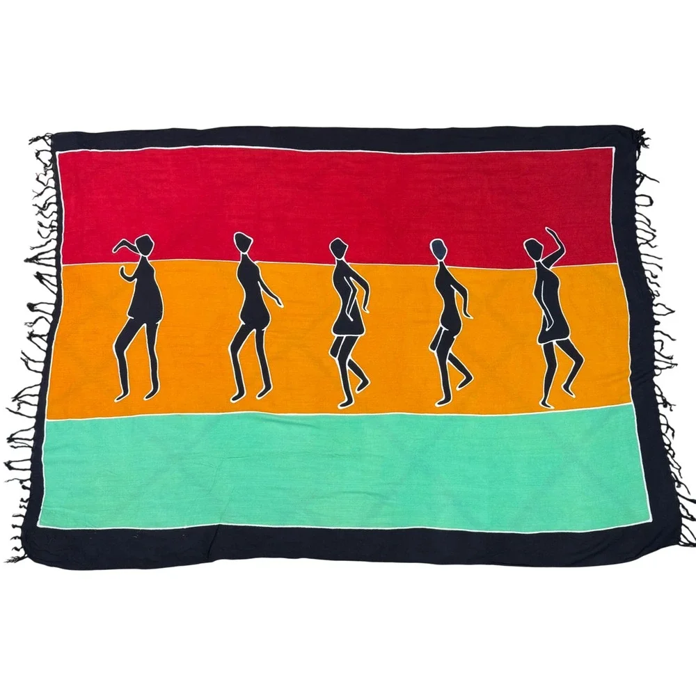 Womens OS Sarong Wrap Scarf Multicolor Batik Dancing Figures Fringe Boho